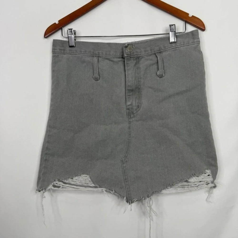 Agit Grey‎ Distressed Denim Mini Skirt High Waisted Raw Hem Made in Korea Womens